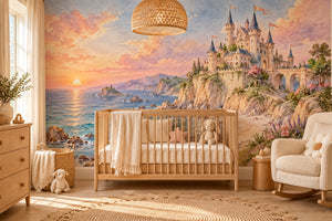 Watercolor Seaside Castle Fairy Tale Wall Mural, image 1