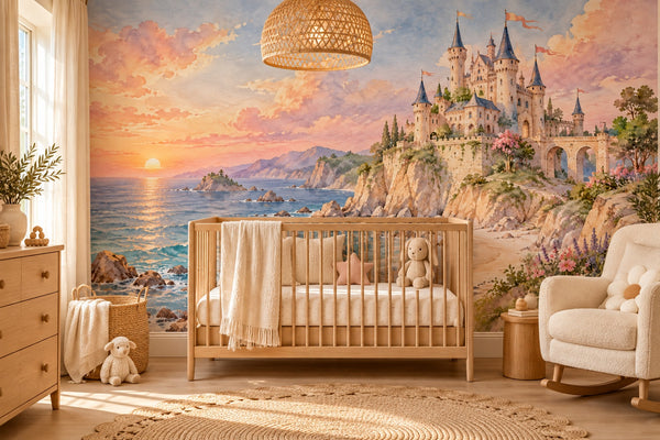 Watercolor Seaside Castle Fairy Tale Wall Mural, image 1