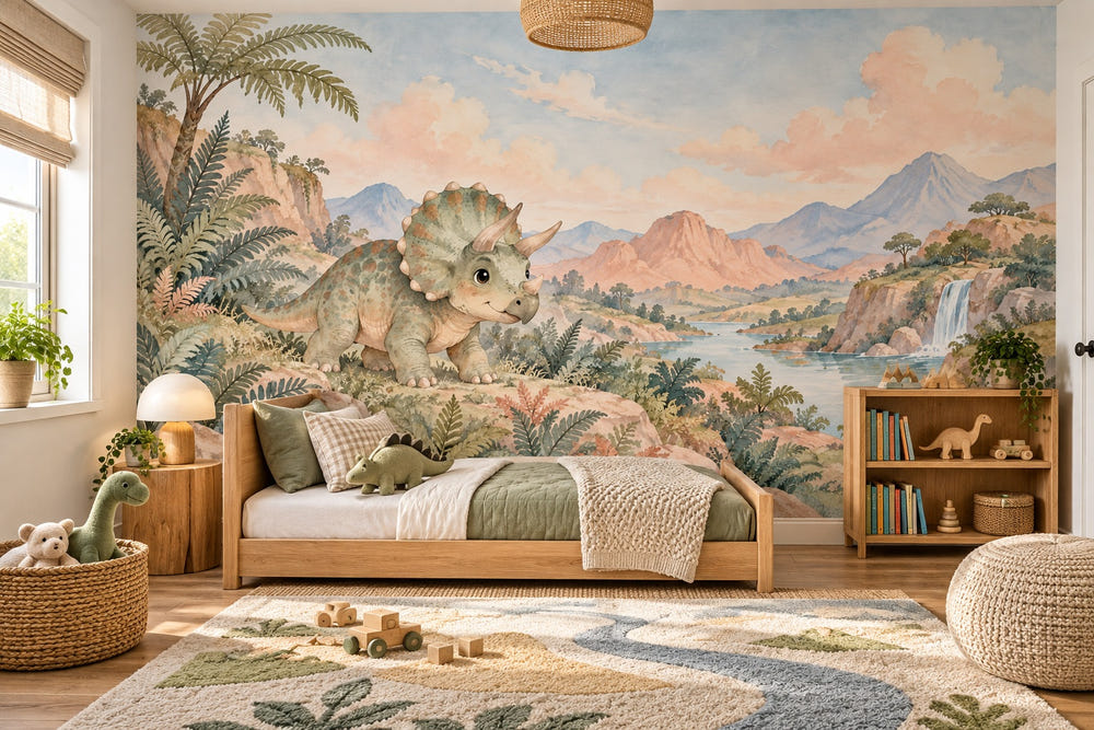 Watercolor Baby Triceratops Dinosaur Wall Mural, image 1