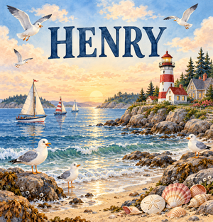 Coastal Lighthouse watercolor artwork with the name Henry