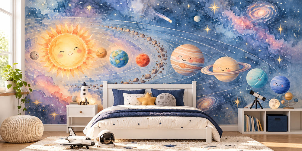 Watercolor Pastel Planets Wall Mural, image 1