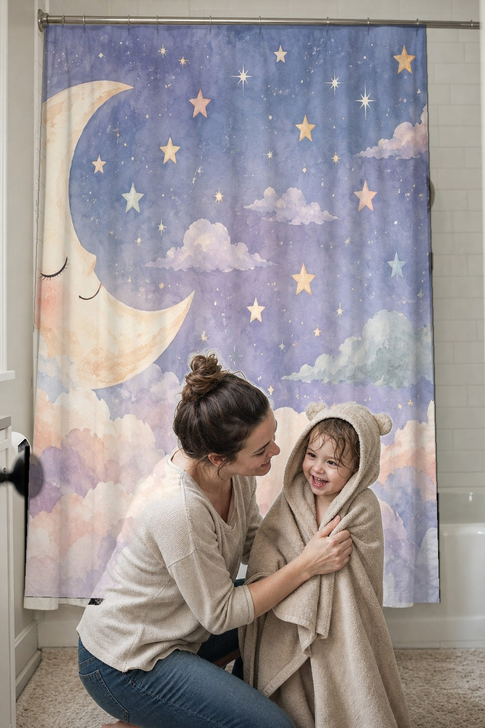 Sleepy Moon shower curtain, full front view of the 71 x 74 in fabric curtain