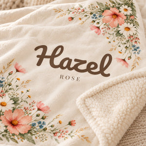 Wildflower sherpa baby blanket, personalized, styled photo 2