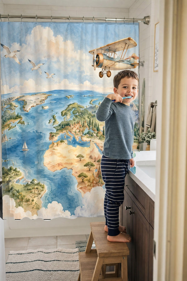 Child brushing teeth in a family bathroom with the World Explorer shower curtain