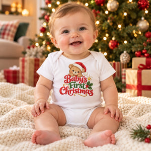 Child wearing the Baby's First Christmas baby bodysuit at Christmas