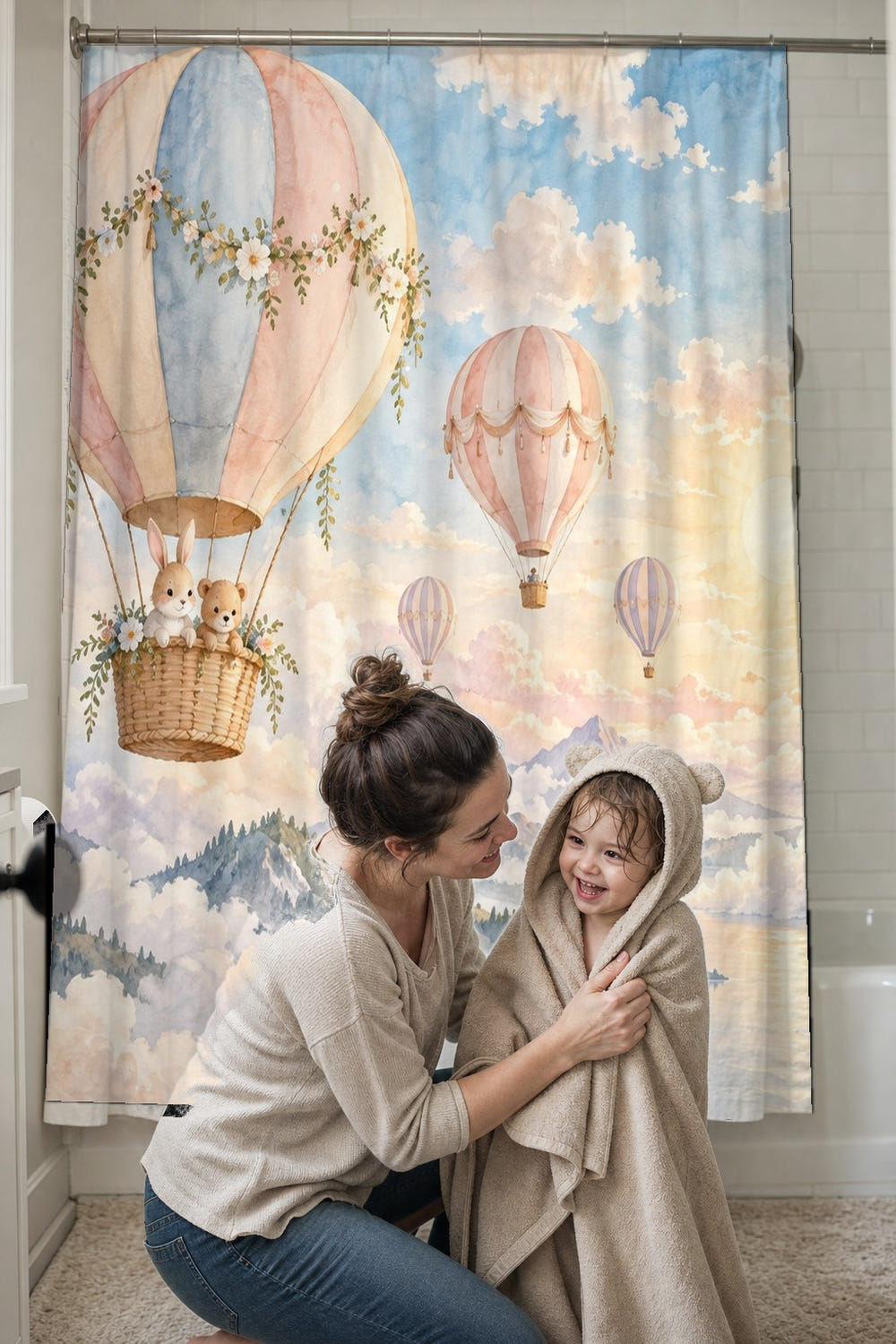Hot Air Balloon Festival shower curtain, full front view of the 71 x 74 in fabric curtain