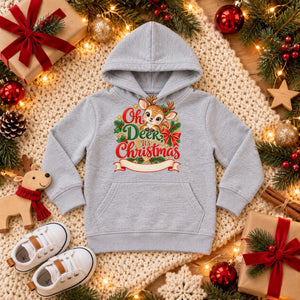 Personalize the Oh Deer, It's Christmas toddler hoodie in heather grey with your baby's name
