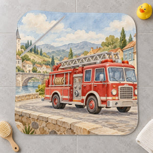 Fire Truck Town kids hooded bath towel laid flat