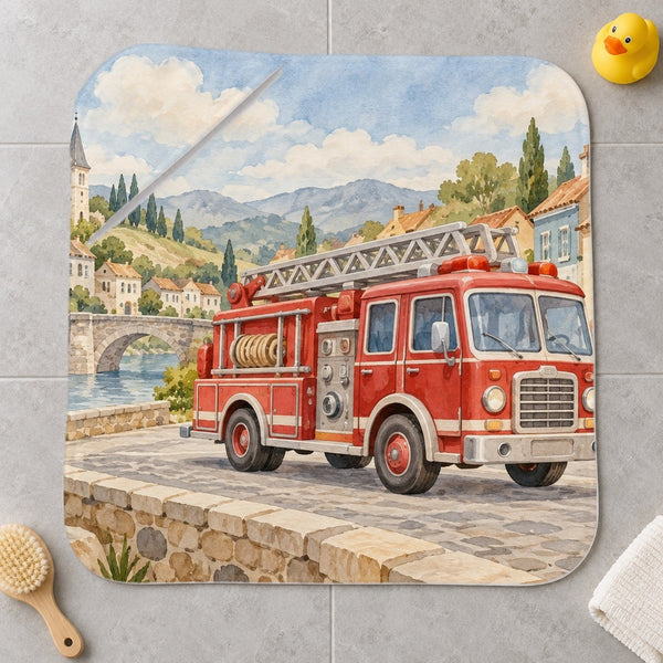 Fire Truck Town kids hooded bath towel laid flat