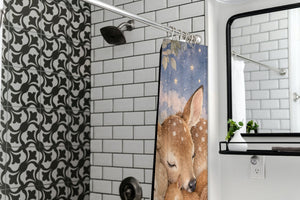Woodland Friends shower curtain in a modern farmhouse bathroom with subway tile