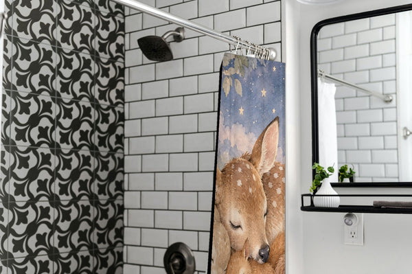Woodland Friends shower curtain in a modern farmhouse bathroom with subway tile