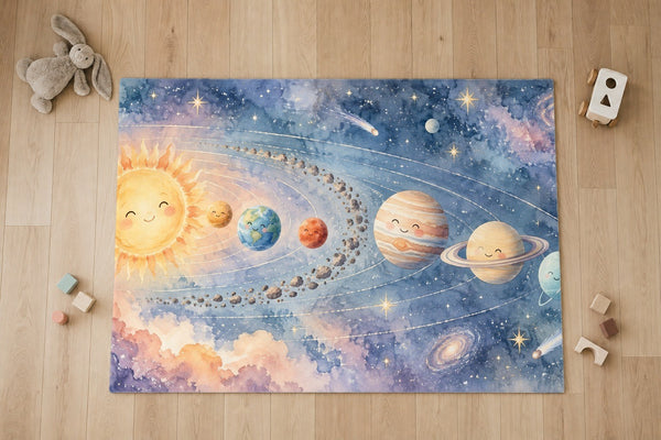 Top view of the Pastel Planets kids area rug on a wood floor