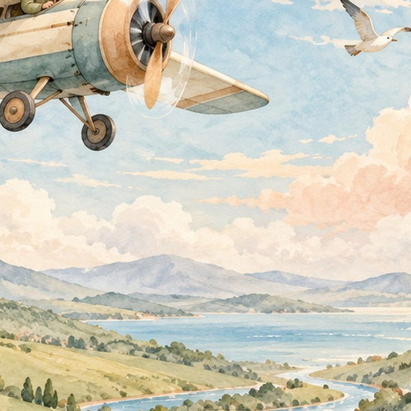 Vintage Airplane shower curtain, close up of the watercolor artwork