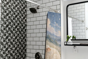 Meadow Lamb shower curtain in a modern farmhouse bathroom with subway tile