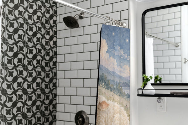 Meadow Lamb shower curtain in a modern farmhouse bathroom with subway tile