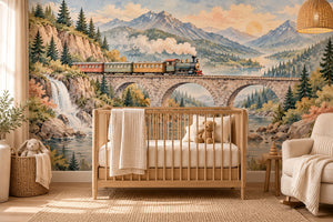 Watercolor Mountain Bridge Train Wall Mural, image 1