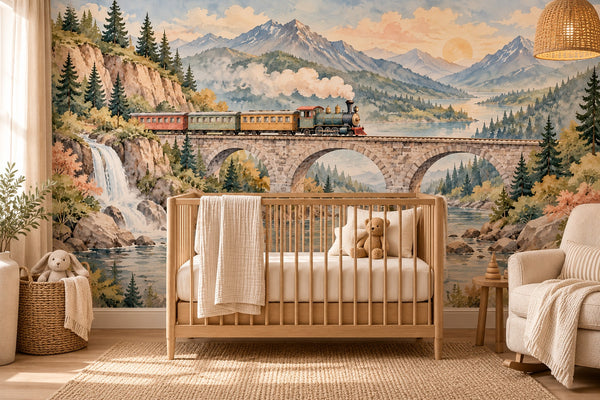 Watercolor Mountain Bridge Train Wall Mural, image 1