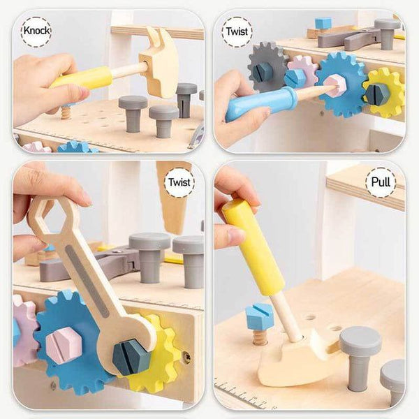 Wooden Tool Walker - Multi-Activity Learning Wagon for Toddlers, angled view showcasing fun features and design.
