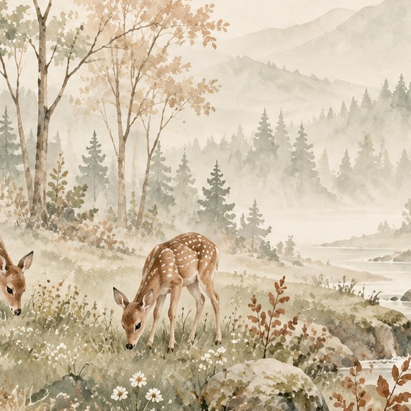 Grazing Fawns kids rug, close up of the watercolor artwork