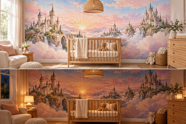 Watercolor Cloud Towers Fairy Tale Wall Mural, image 1