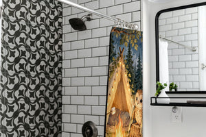 Moonlit Forest Camp Camping shower curtain in a modern farmhouse bathroom with subway tile