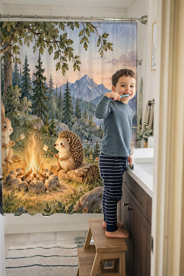 Child brushing teeth in a family bathroom with the Campfire Friends Camping shower curtain