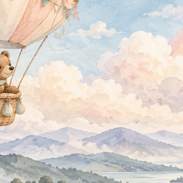 Bear Hot Air Balloon shower curtain, close up of the watercolor artwork