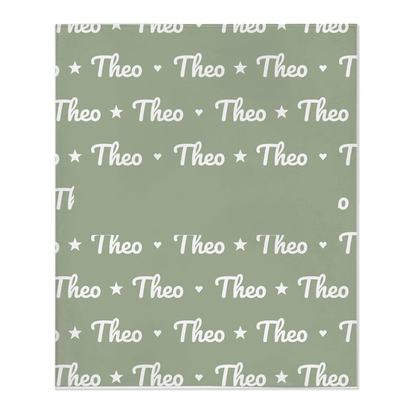 Personalize the Name Pattern toddler minky blanket in sage with your baby's name