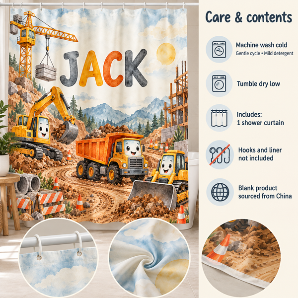 Care and contents of the Construction Crew personalized kids shower curtain