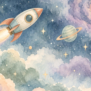 Rocket Journey kids bath mat, close up of the watercolor artwork