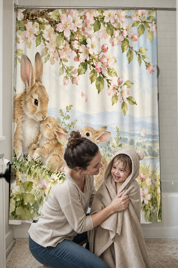 Mom drying her toddler in a hooded towel in front of the Apple Blossom Family Bunny shower curtain