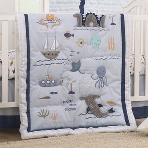 Explore Dream Discover Light Blue, Navy, Gray and Coral Ocean 4 Piece Nursery Crib Bedding Set - Comforter, 100% Cotton Fitted Crib Sheet, Crib Skirt and Nursery Organizer