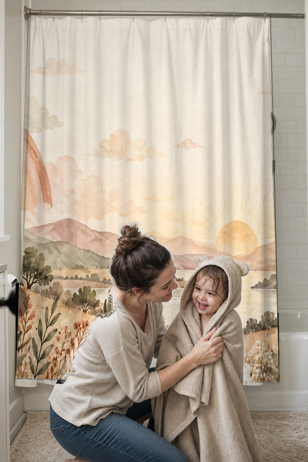 Twin Rainbow Valley shower curtain, full front view of the 71 x 74 in fabric curtain
