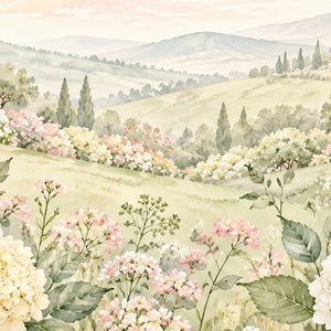 Hydrangea Garden shower curtain, close up of the watercolor artwork