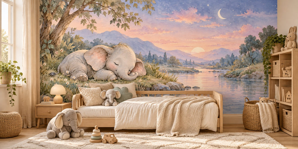 Watercolor Sleepy Elephant Wall Mural, image 1