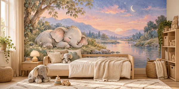 Watercolor Sleepy Elephant Wall Mural, image 2