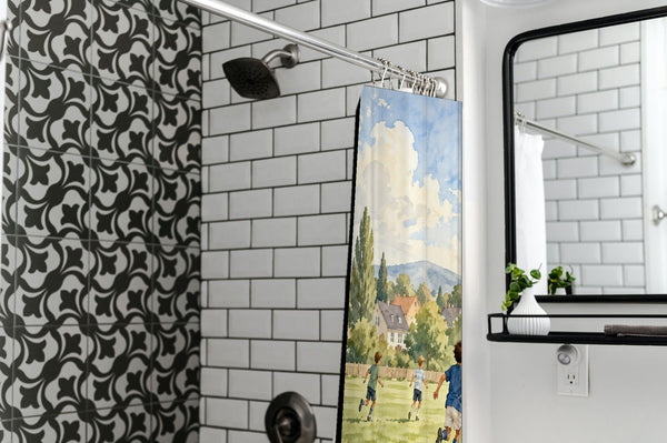 Kids Playing Soccer shower curtain in a modern farmhouse bathroom with subway tile