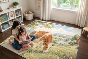 Mom and daughter reading a book on the Cow and Calf Farm play rug