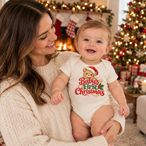 Child wearing the Baby's First Christmas organic cotton baby bodysuit at Christmas