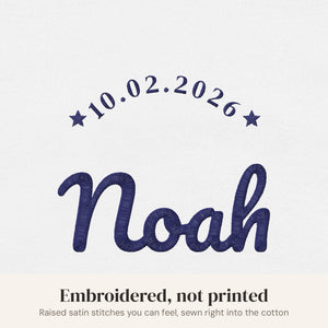 Embroidery close-up, white bodysuit with navy thread