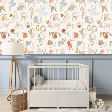 Alphabet wallpaper for nursery decor, featuring colorful letters and playful design for a charming baby room.