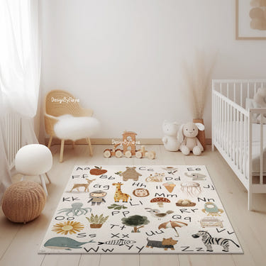 Colorful Baby Animals ABC Rug featuring a world map design, perfect for nurseries and playrooms.