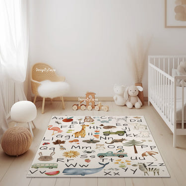 Colorful Baby Animals ABC Rug featuring a world map design, perfect for playrooms and nurseries.