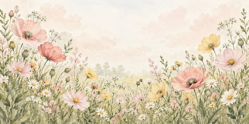 Watercolor Poppy Meadow Wall Mural, image 1