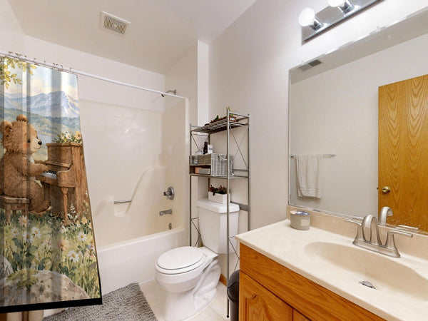 Bear Piano shower curtain on a tub shower combo in an American family bathroom