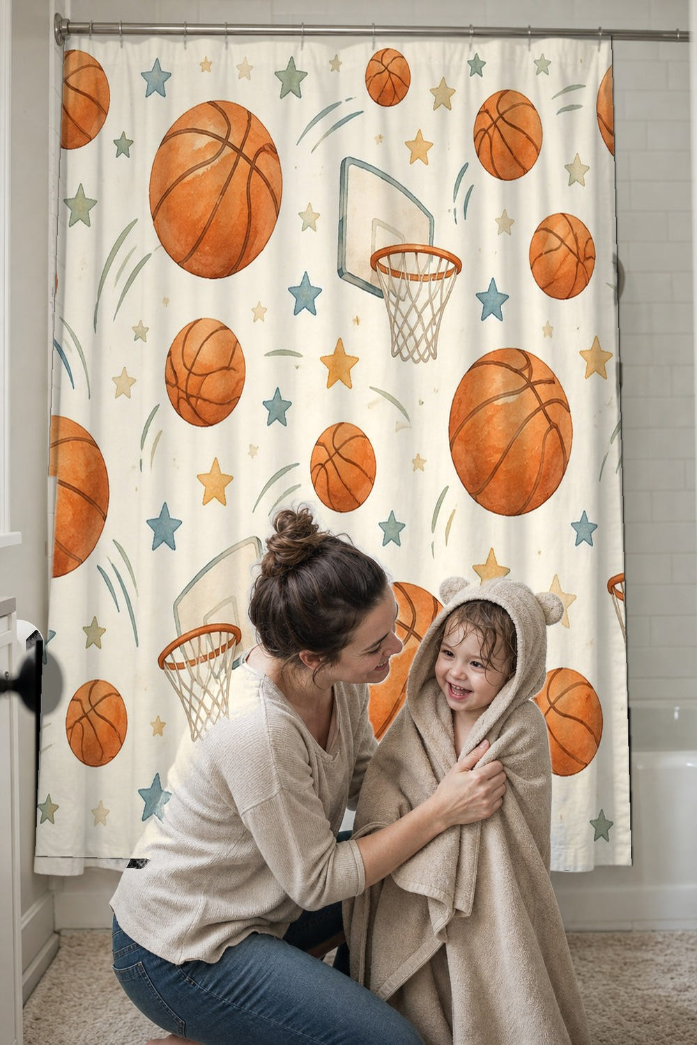 Basketball Pattern shower curtain, full front view of the 71 x 74 in fabric curtain