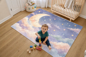 Toddler stacking blocks on the Sleepy Moon kids rug in a bright bedroom