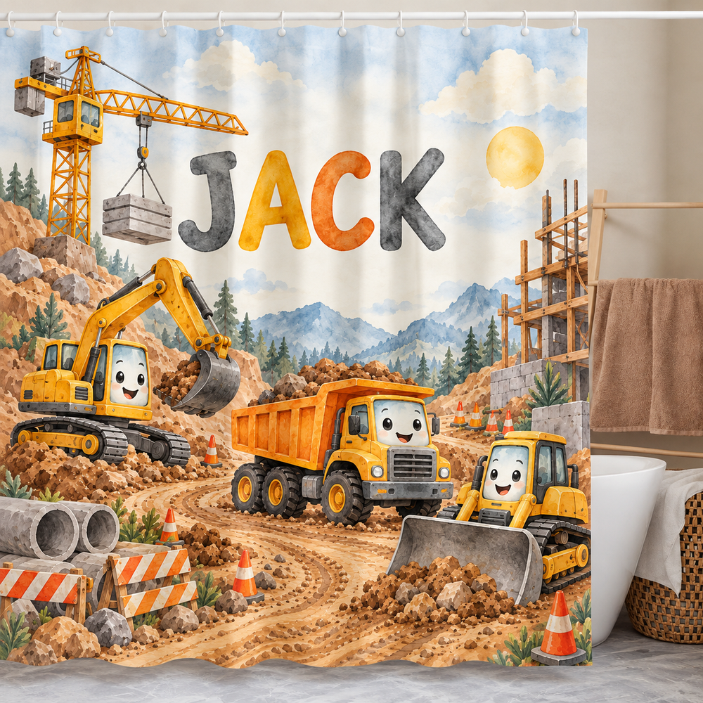 Personalized construction trucks kids shower curtain with the name Jack