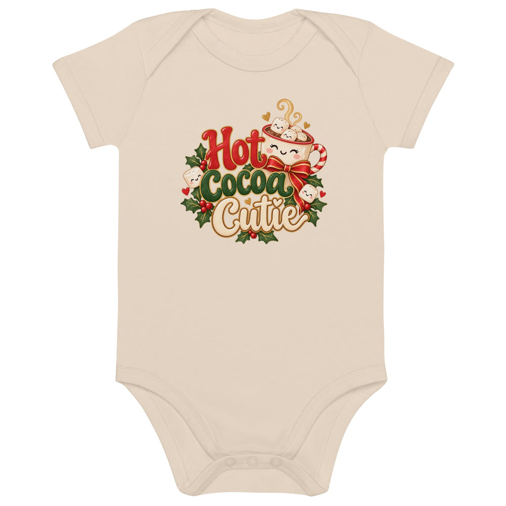 Hot Cocoa Cutie organic cotton baby bodysuit in white, front view
