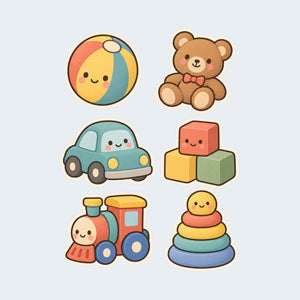 Soft Toys Wall Decals, Set of 6, Baby First Words, image 1